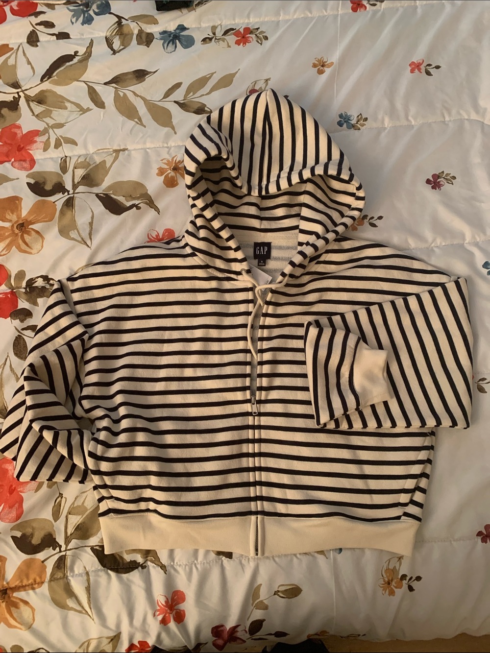 GAP Cream and Black Striped Cropped Zip Hoodie